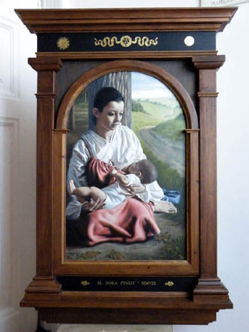 fine art oil portrait painting, mother and child, nursing madonna in renaissance frame